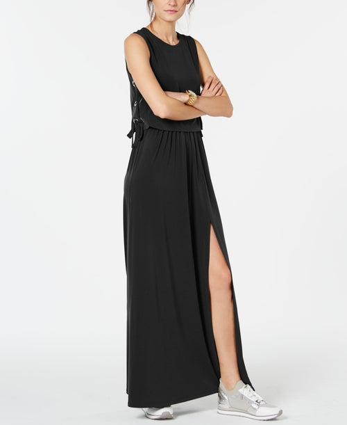 Petite black Grommet Laced Maxi Dress by Amber Chrysippus, women's clothing displayed on a model with lace-up detail.