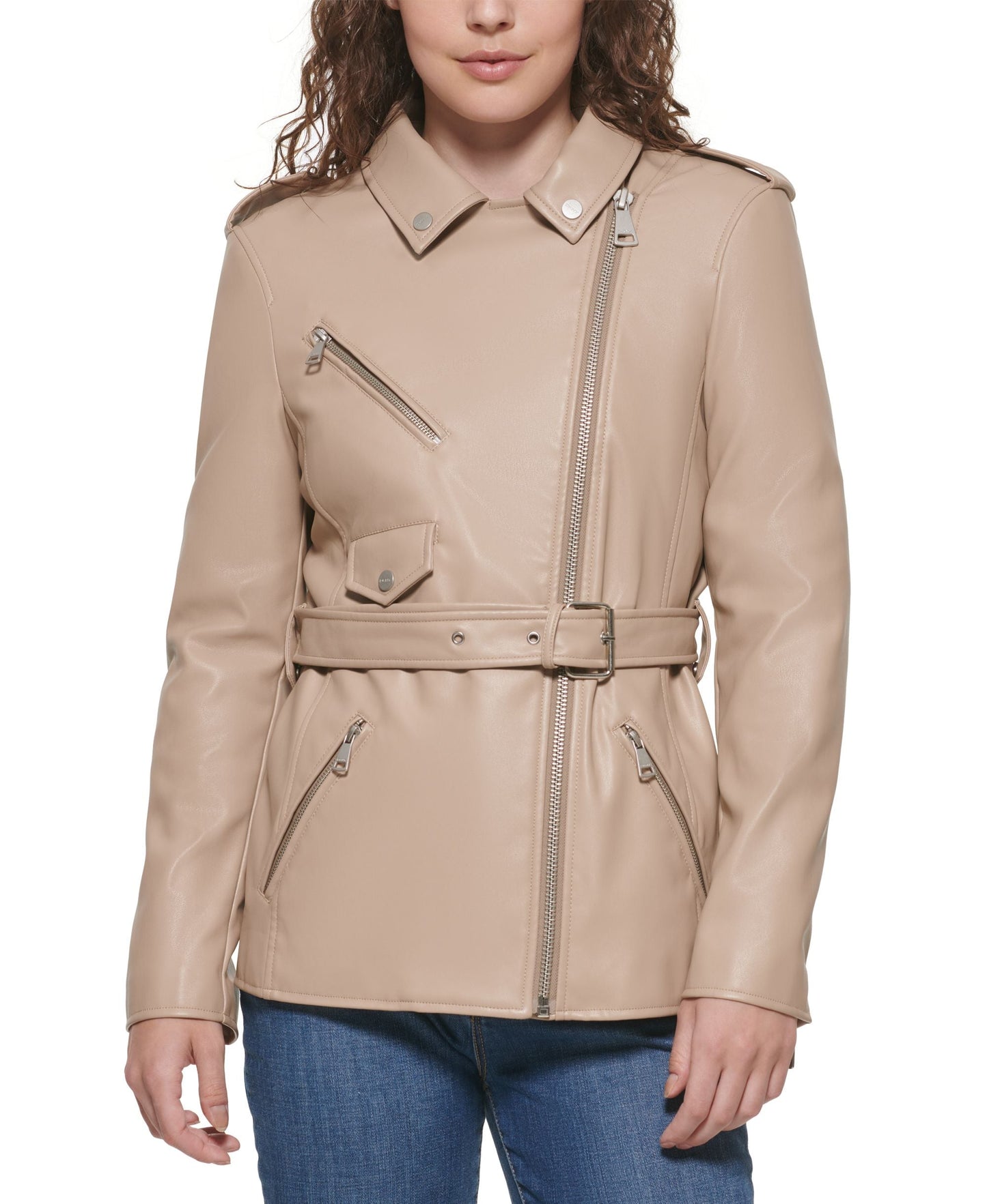 Beige DKNY faux leather belted moto jacket for women, styled with a front zipper and belt, from Amber Chrysippus.