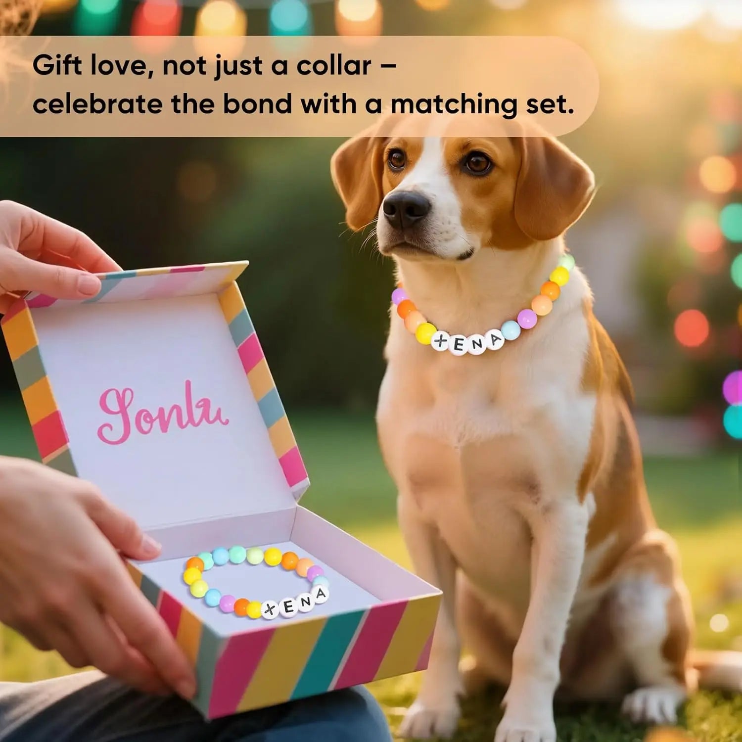 Personalized PawBond pet collar and matching bracelet set with paw print design, adjustable size, in vibrant colors.