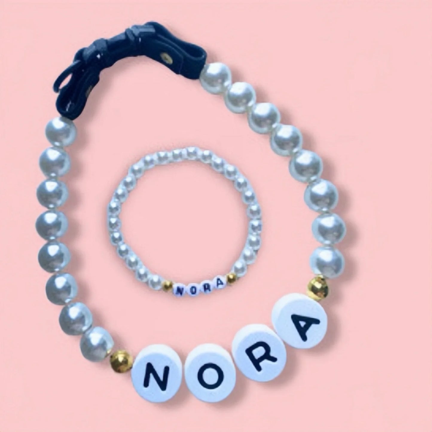 Personalized Pet Collar and Matching Bracelet Set by PawBond™, with colorful design for pets and matching accessories.