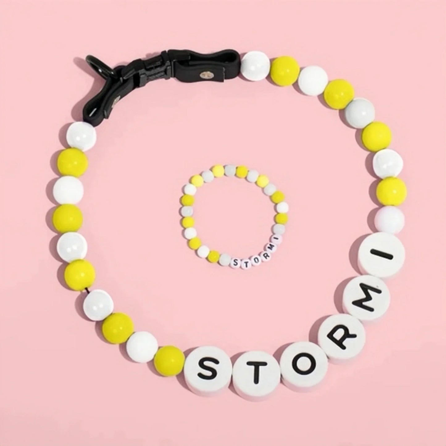Personalized PawBond pet collar and matching bracelet set in colorful design, suitable for 18-21 inch pets and matching accessories.