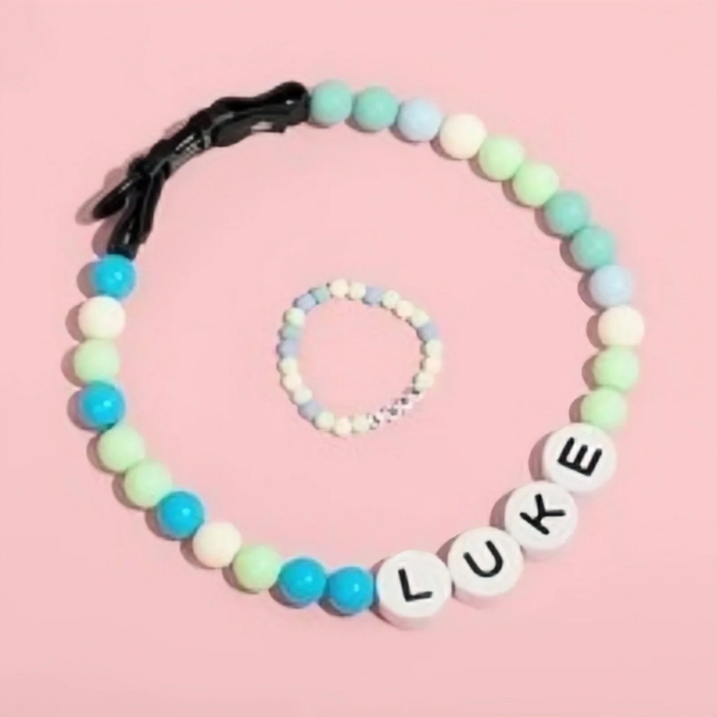 Personalized PawBond pet collar and matching bracelet set in colorful design, suitable for 18-21 inch pets.