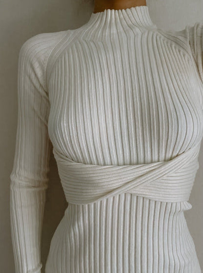 Azure Thanatos Malika Knit Dress in ivory, featuring a cozy knit fabric and a stylish, fitted silhouette.
