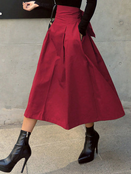 Stylish Solid A-line Skirts for Women Preppy School Style High Elastic Waist Long Skirt With Bow Woman Clothing Women's Skirts