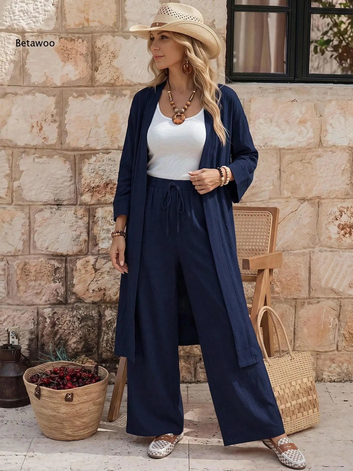 Women Two Piece Outfit Long Open Front Cardigan and Elastic Waist Wide Leg Pants Set Loose Casual Suit for Vacation Daily Wear