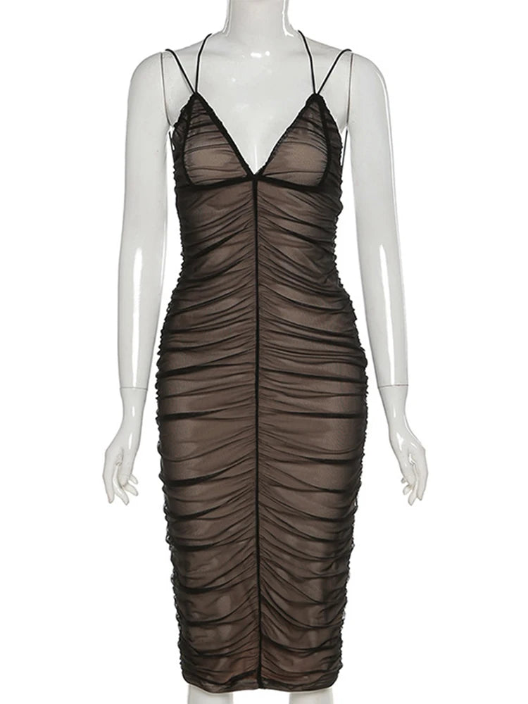 2025 Sexy Mesh Pleated Long Prom Dresses For Women's Clothing Solid Color Beach Party Wear Midi Wrap Dress Street Outfit