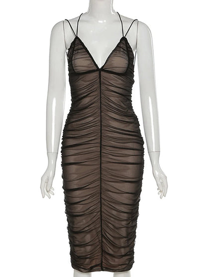 2025 Sexy Mesh Pleated Long Prom Dresses For Women's Clothing Solid Color Beach Party Wear Midi Wrap Dress Street Outfit
