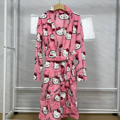 Nightgown Hello Kitty New Autumn Winter Warm Mid-Length Bathrobe Women's Warm Pajamas Home Clothes Can Be Worn Outside The Robe