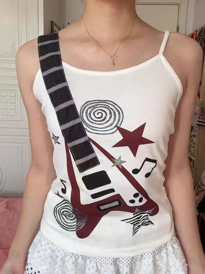 Y2k Subculture Punk Rock Camisole Retro Guitar Print Halter Vest Ladies Hip Hop Hottie Slim Tops Street Fashion Chic Clothing