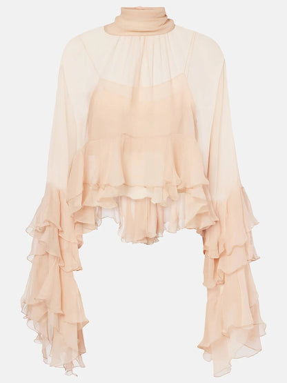 TWOTWINSTYLE Solid Loose Sheer Blouses for Women High Neck Long Sleeves Patchwork Ruffles Folds Elegant Blouse Female Clothing