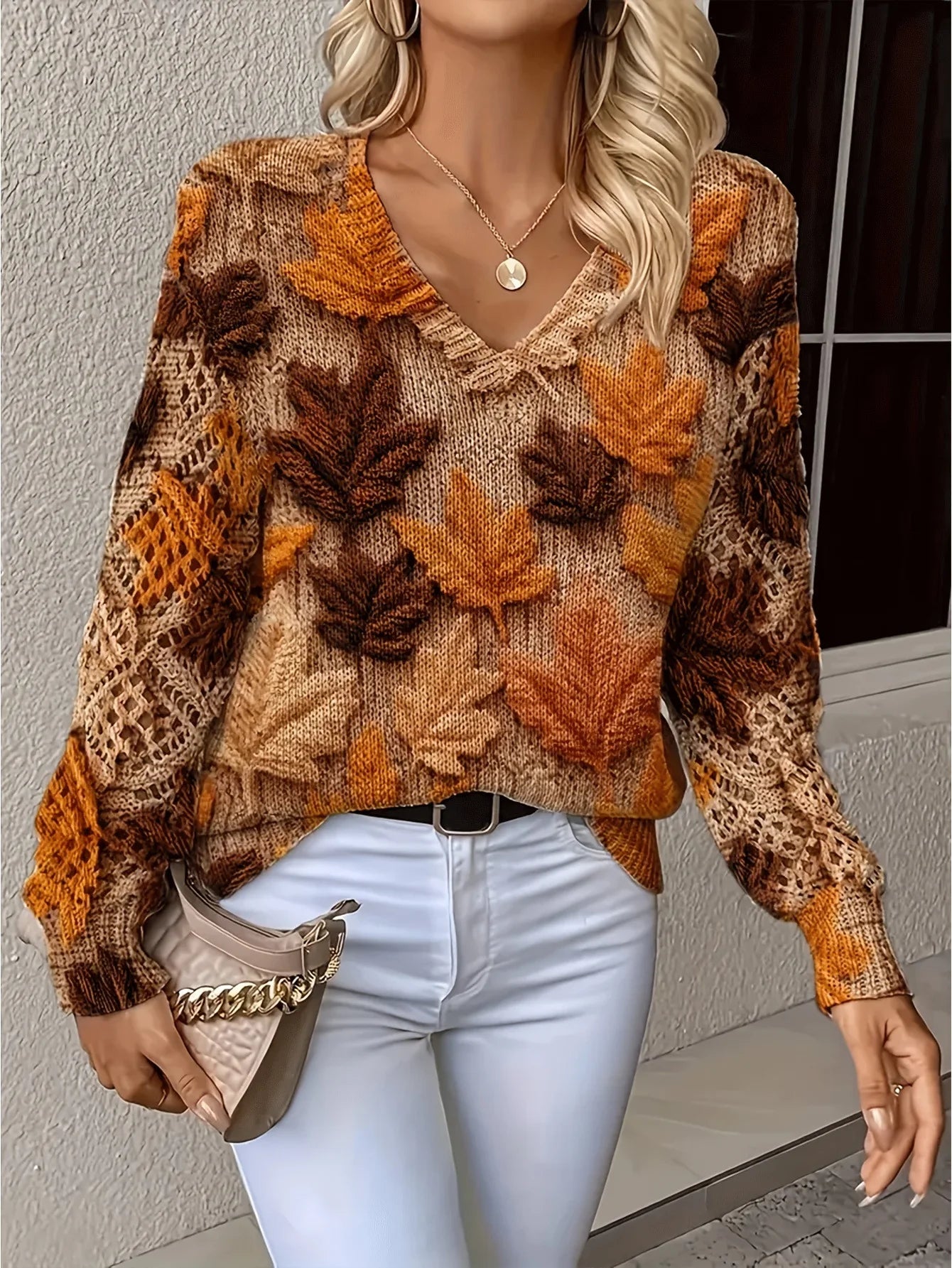 Bohemian Floral V-Neck Pullover | Hollow Print Long Sleeve Knitting Sweater | 2025 Fashion Casual Top (Characters: 78)