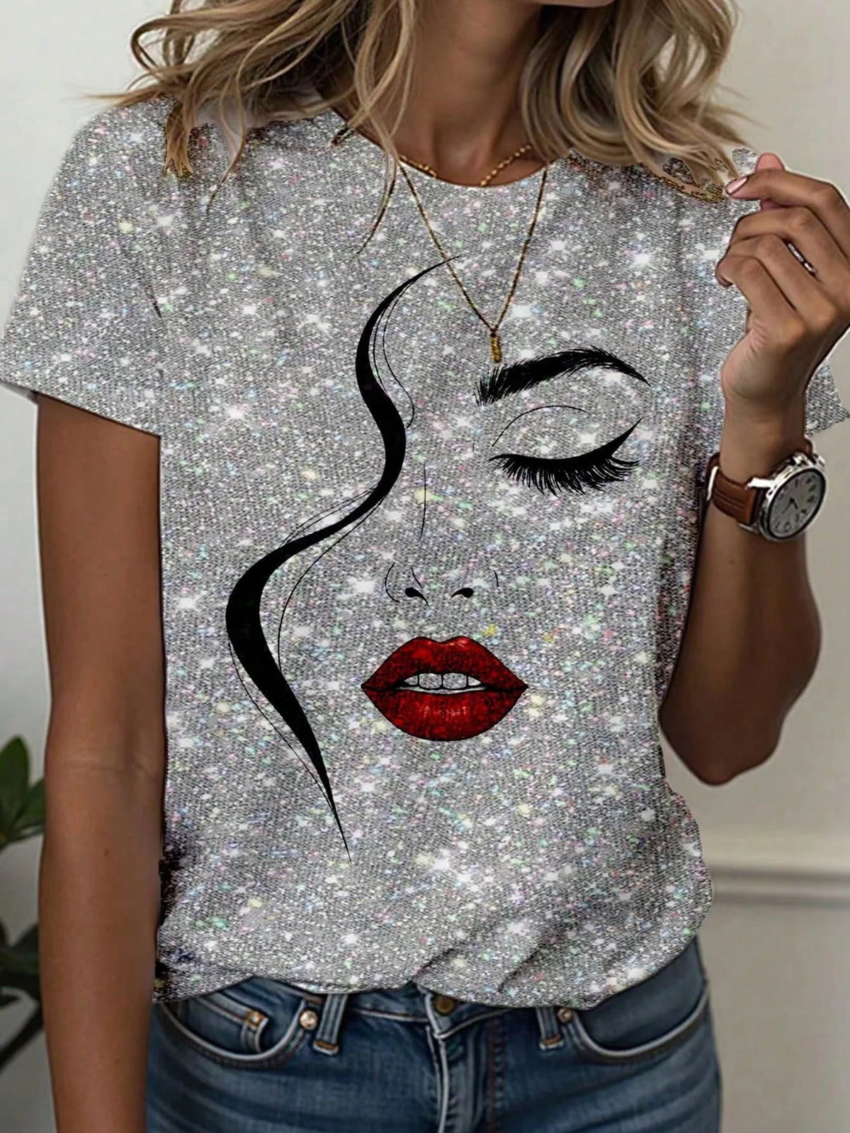 Women's T-Shirt Abstract Face Line Art Graphic Print Tops Casual O-Neck Short Sleeve Tee Summer Outdoor Fashion Female Clothing