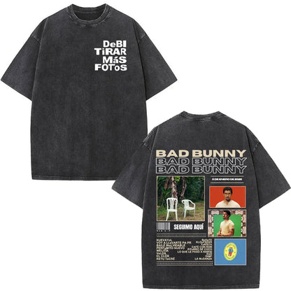 Washed Vintage Rapper Bad Bunny T-shirt Debi Tirar Mas Fotos DTMF Album 2025 T Shirts Men Women Hip Hop Oversized T-shirts Tops