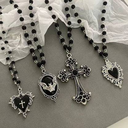 Vintage Gothic Bat Cross Dark Pendant Necklace Y2K Personalized Thorn Love Black Bead Stacked Necklace Suitable Halloween Gifts