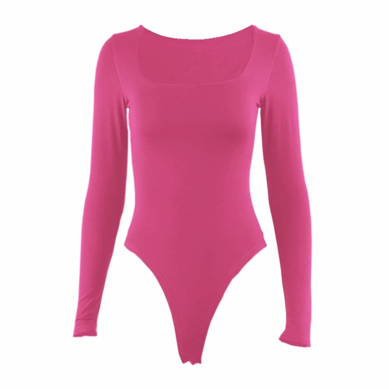 Long Sleeve Bodysuits Spring 2025 Square-Cut Collar Solid Bodycon Elastic Romper Sexy Y2k Women Clothing Fashion Club Party 2520