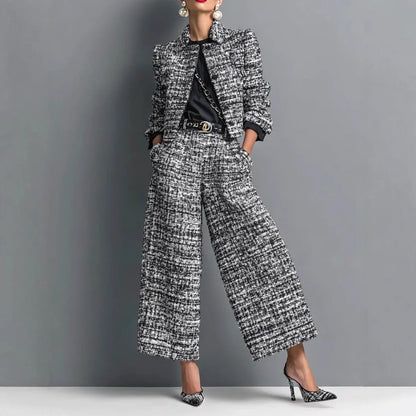 QICHE New 2026 Women European Matching Set Lapel Long‑Sleeve Cropped Jacket Slim‑Fit Wide‑Leg Pants Outfit