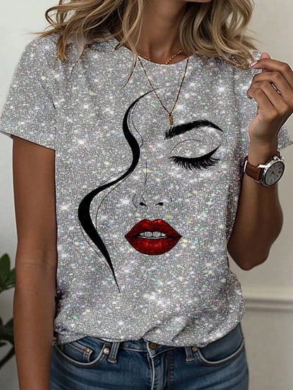Women's T-Shirt Abstract Face Line Art Graphic Print Tops Casual O-Neck Short Sleeve Tee Summer Outdoor Fashion Female Clothing