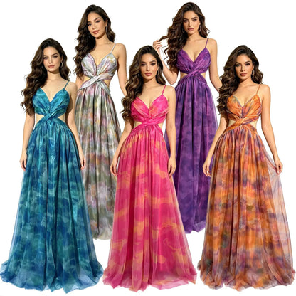 Sexy Tie-Dye Mesh Strapless Dress Deep V Neck Waist-Cinched Long Party Skirt Cross-Border Holiday Style Ethnic Stage Costume