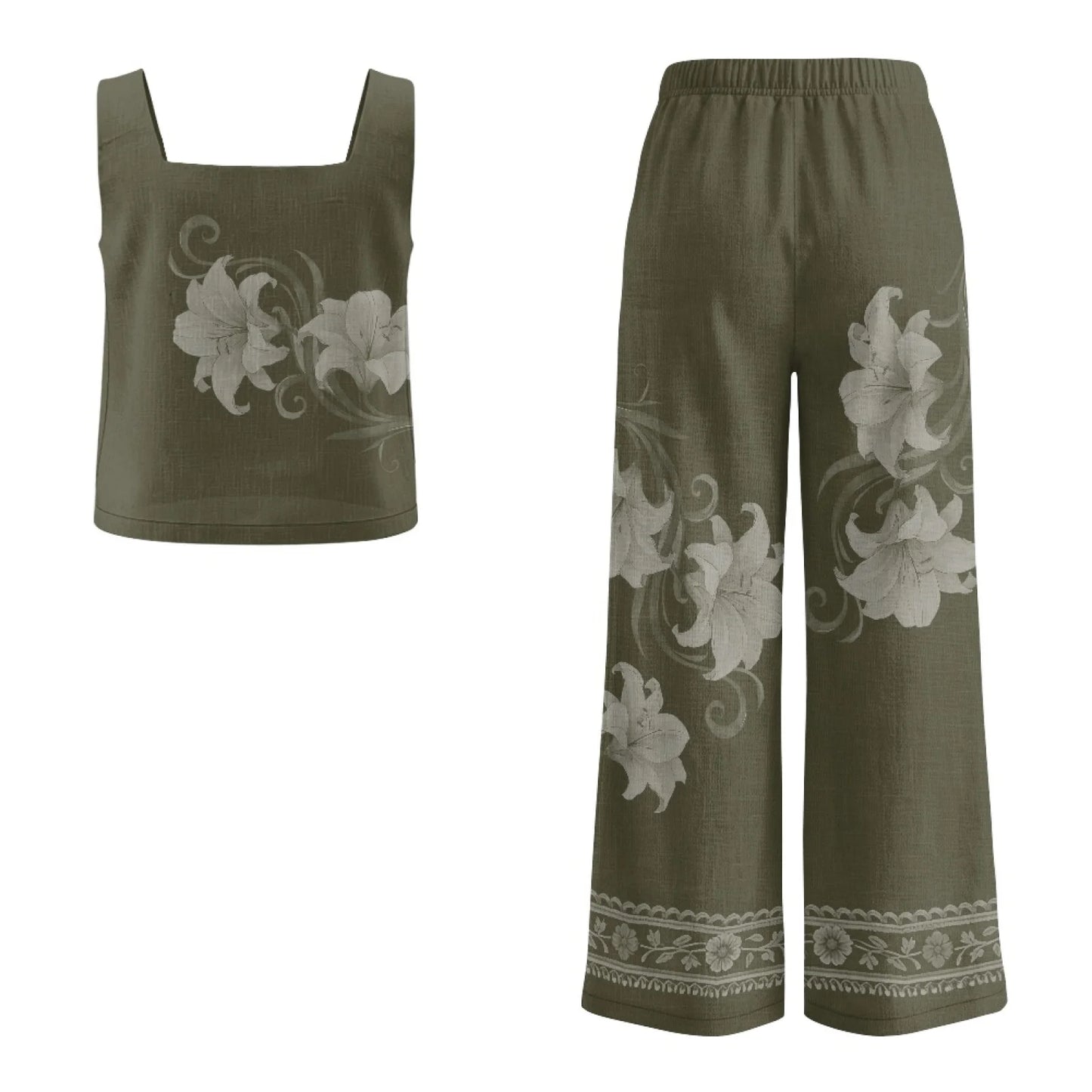INSTANTARTS Women’s Linen Vest Set Women’s Wide-leg Trousers Lightweight Breathable Soft Comfortable Quick-dry Outfits Flower
