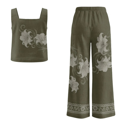 INSTANTARTS Women’s Linen Vest Set Women’s Wide-leg Trousers Lightweight Breathable Soft Comfortable Quick-dry Outfits Flower
