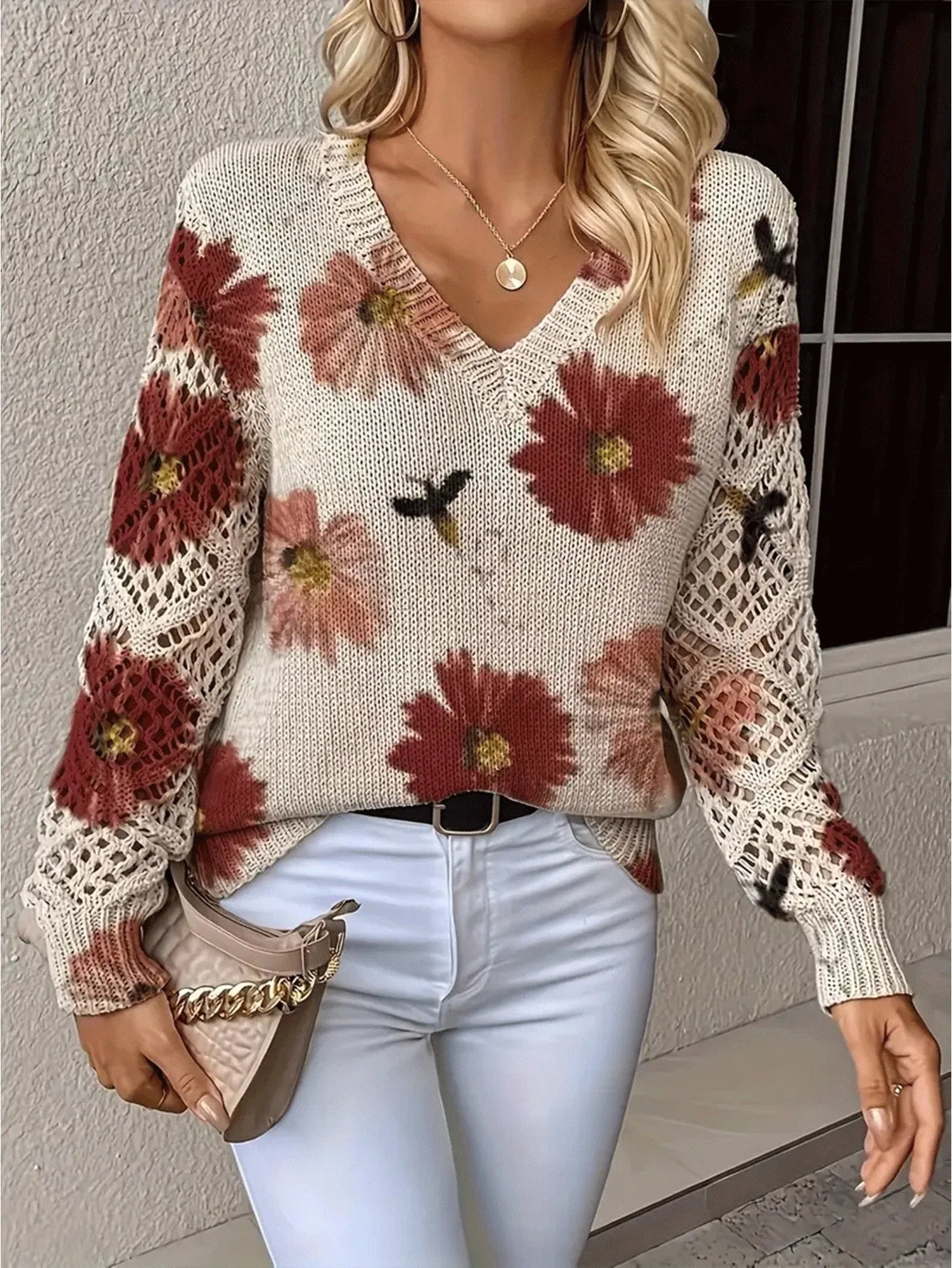 Bohemian Floral V-Neck Pullover | Hollow Print Long Sleeve Knitting Sweater | 2025 Fashion Casual Top (Characters: 78)