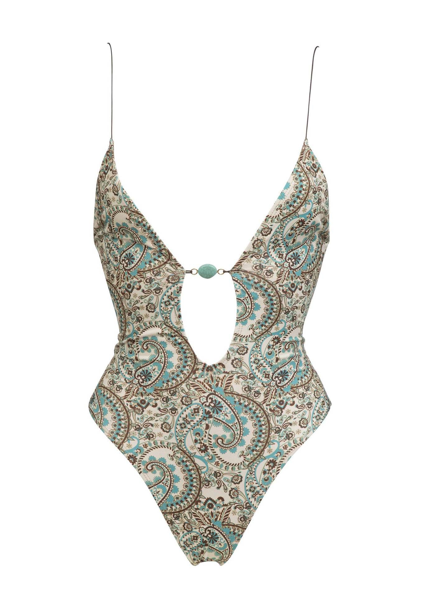 Bella Mia sexy deep V plunge one-piece swimsuit for women, featuring a printed design and lace-up backless style for summer.