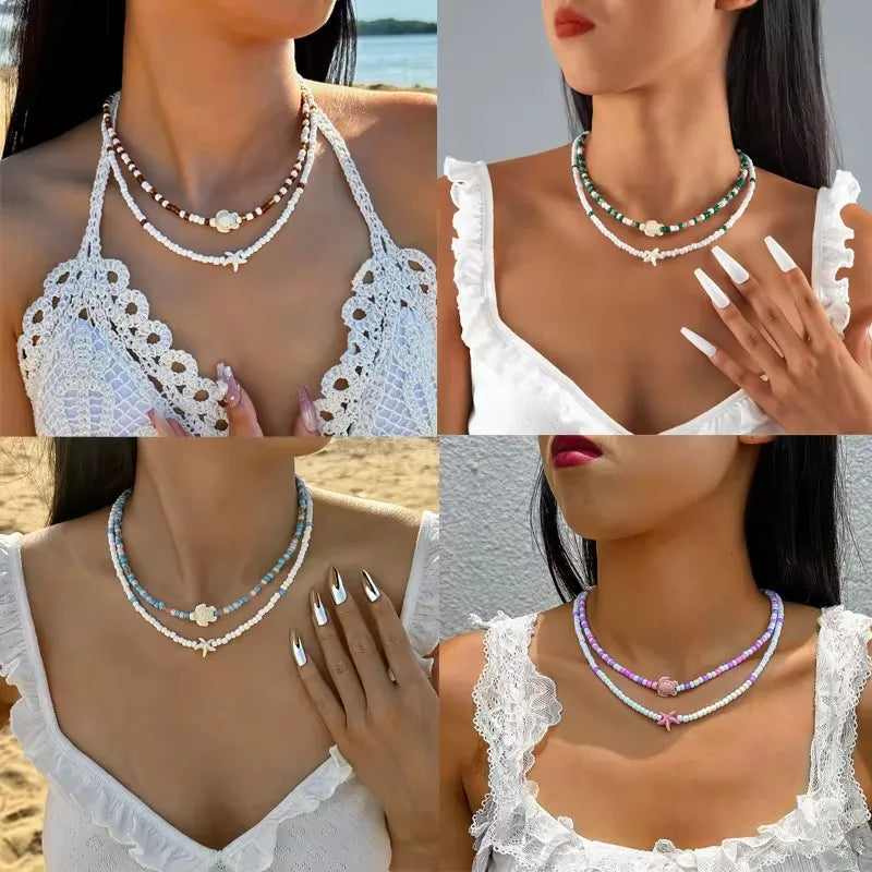 Tocona Bohemian Colorful Bead Necklace for Women Summer Handmade Starfish Tortoise Choker Chain Beach Jewelry Accessories