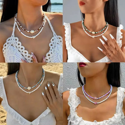 Tocona Bohemian Colorful Bead Necklace for Women Summer Handmade Starfish Tortoise Choker Chain Beach Jewelry Accessories