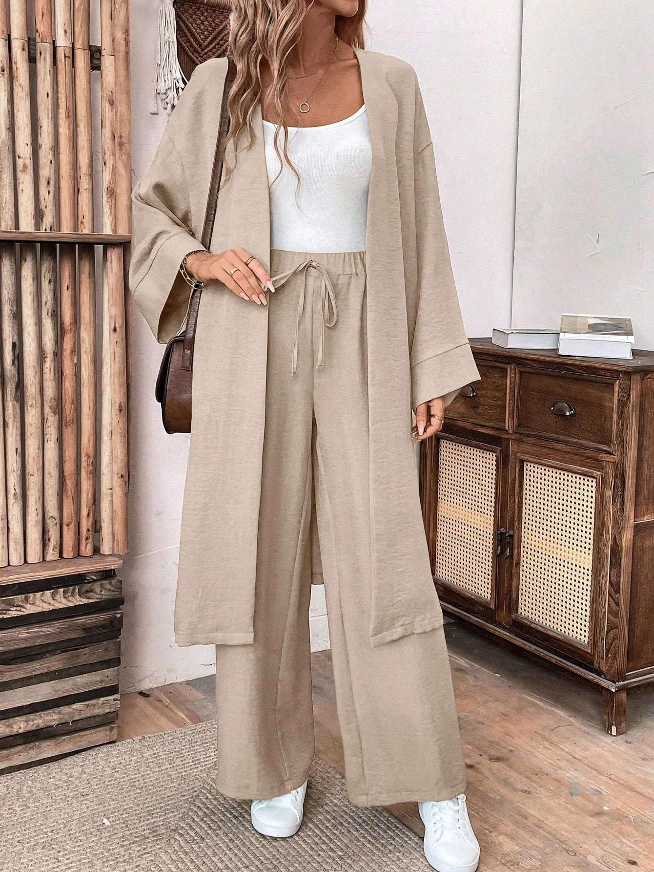 Women Two Piece Outfit Long Open Front Cardigan and Elastic Waist Wide Leg Pants Set Loose Casual Suit for Vacation Daily Wear