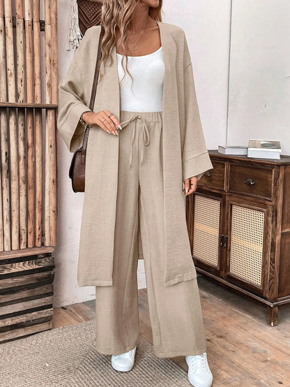 Women Two Piece Outfit Long Open Front Cardigan and Elastic Waist Wide Leg Pants Set Loose Casual Suit for Vacation Daily Wear