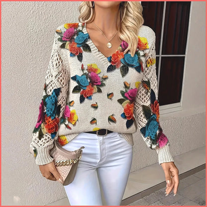 Bohemian Floral V-Neck Pullover | Hollow Print Long Sleeve Knitting Sweater | 2025 Fashion Casual Top (Characters: 78)