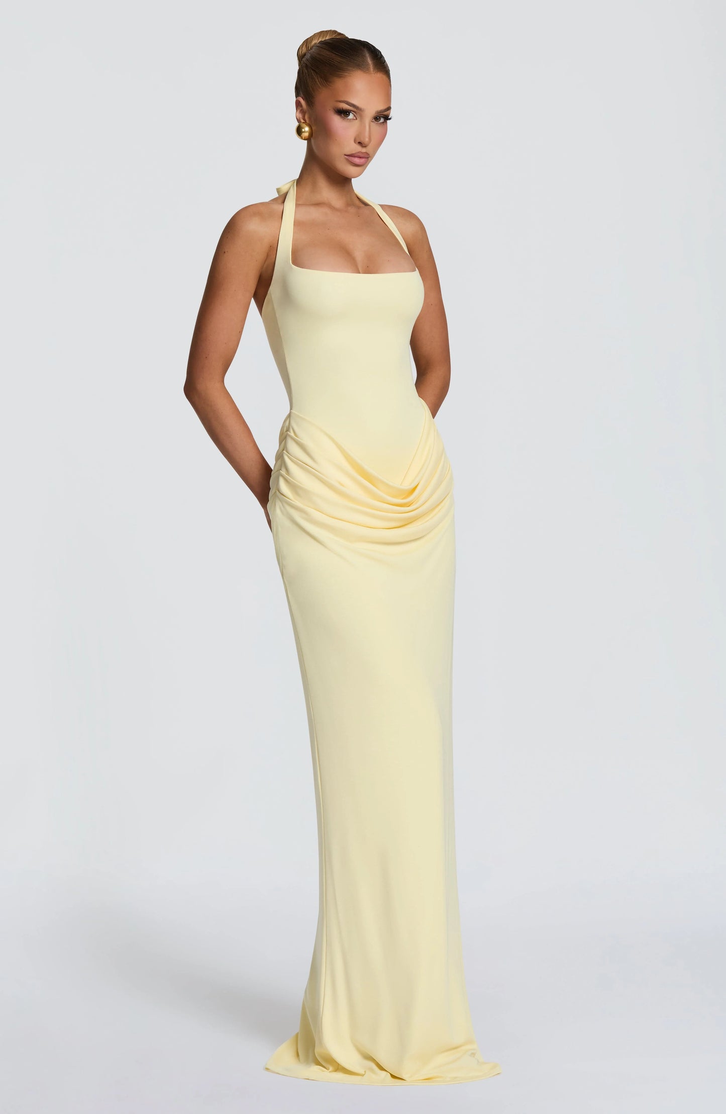 Halter Square Neck Maxi Dress Waist Draped Ruched Bodycon Mermaid Long Gown Elegant Wedding Guest Evening Party Women Dress