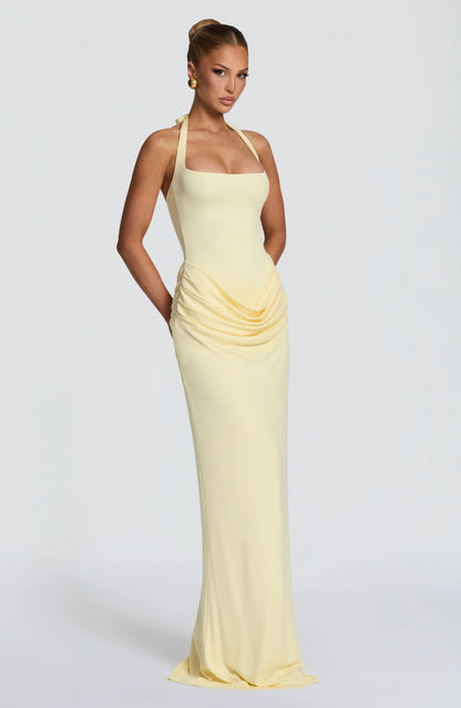 Halter Square Neck Maxi Dress Waist Draped Ruched Bodycon Mermaid Long Gown Elegant Wedding Guest Evening Party Women Dress