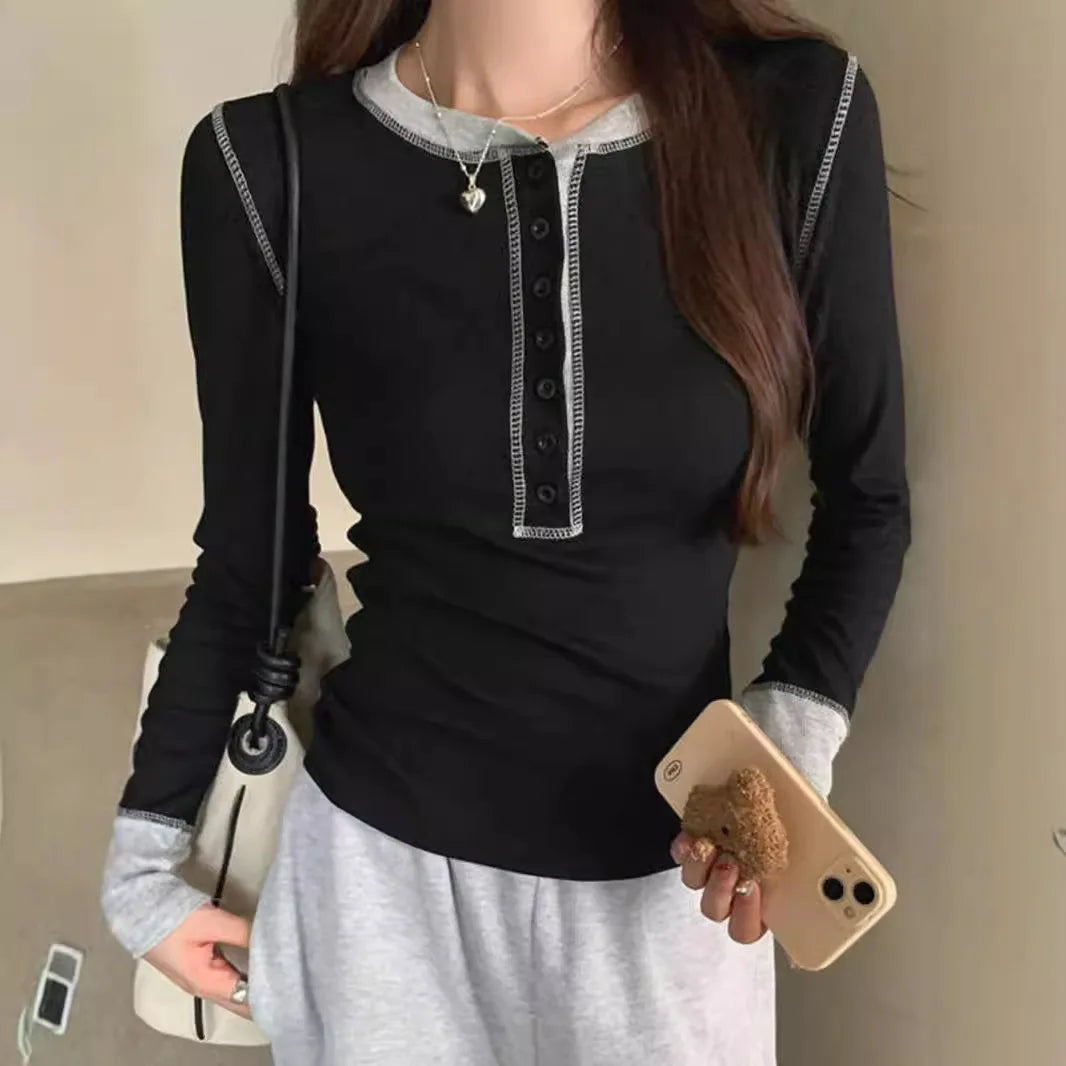 Y2K Patchwork T-Shirt 2025, Contrast Color Grunge Top, Harajuku Bodycon Casual Tee for Women