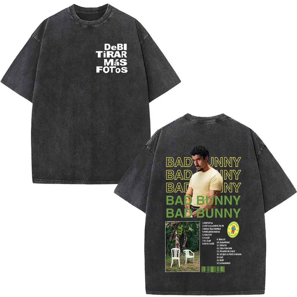 Washed Vintage Rapper Bad Bunny T-shirt Debi Tirar Mas Fotos DTMF Album 2025 T Shirts Men Women Hip Hop Oversized T-shirts Tops