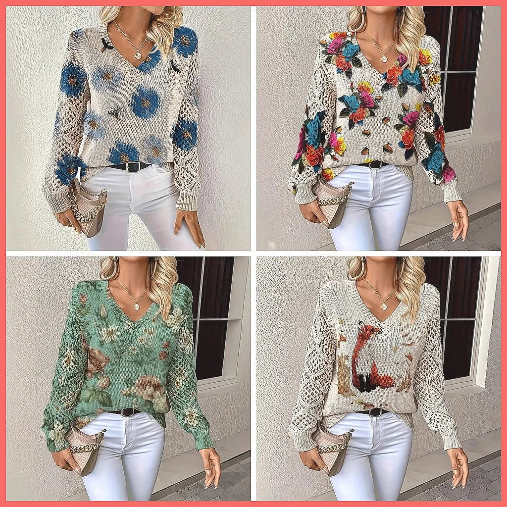 Bohemian Floral V-Neck Pullover | Hollow Print Long Sleeve Knitting Sweater | 2025 Fashion Casual Top (Characters: 78)