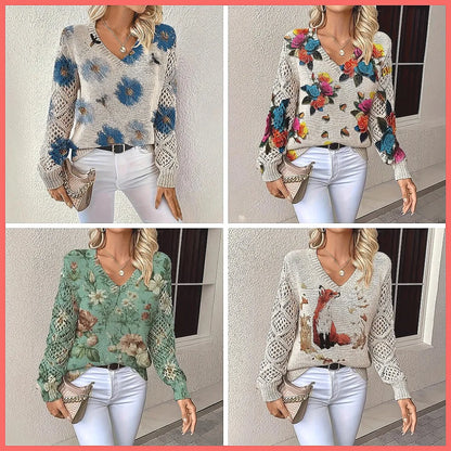 Bohemian Floral V-Neck Pullover | Hollow Print Long Sleeve Knitting Sweater | 2025 Fashion Casual Top (Characters: 78)