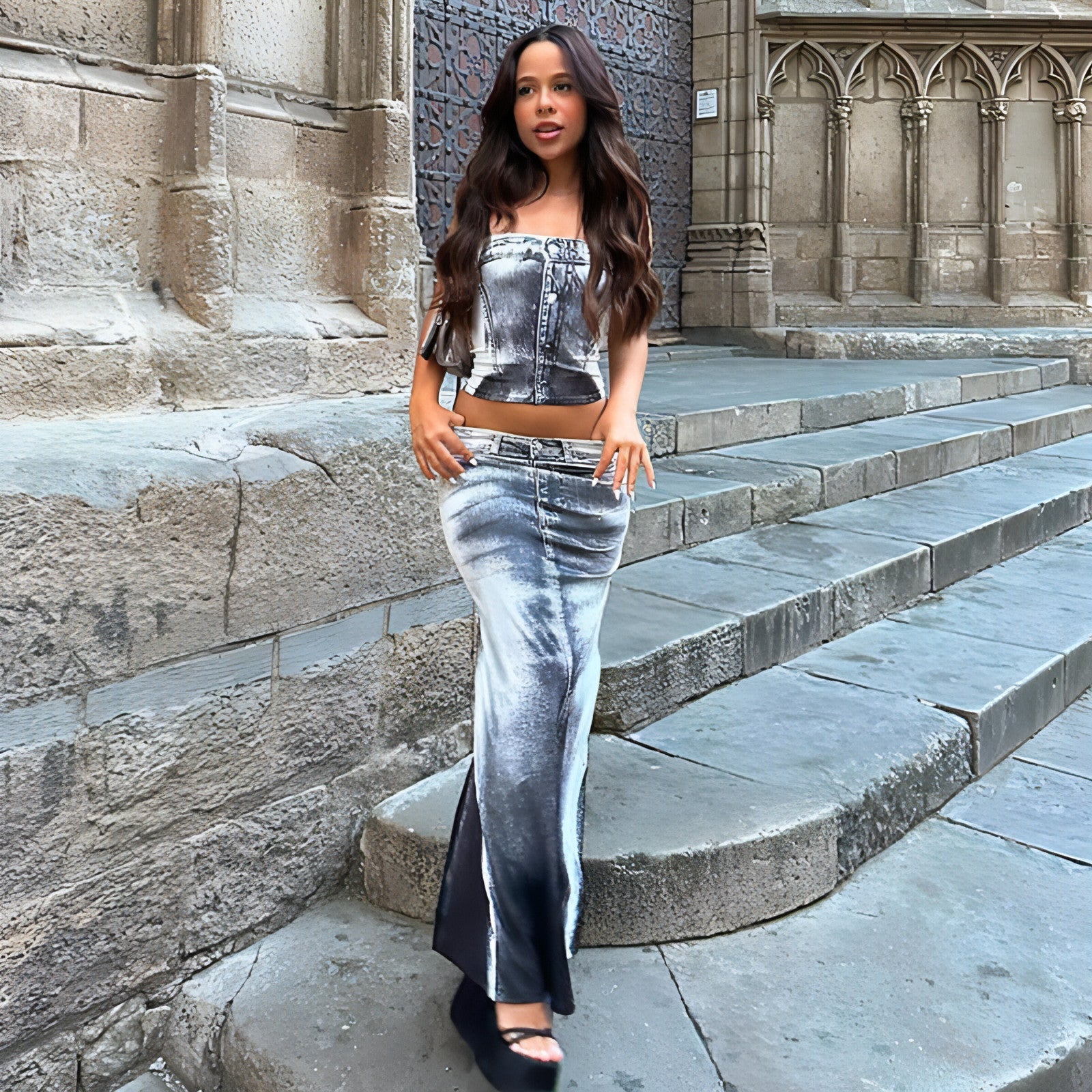 Gray slim-fit sheath split skirt from Carmine Juneberry dresses, showcasing a tailored silhouette and modern style.