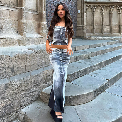Gray slim-fit sheath split skirt from Carmine Juneberry dresses, showcasing a tailored silhouette and modern style.
