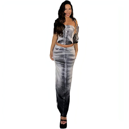 Gray slim-fit sheath split skirt from Carmine Juneberry, featuring a sleek, tailored design perfect for stylish dresses.