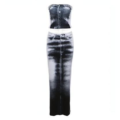 Gray slim-fit sheath split skirt from Carmine Juneberry, shown on a model, highlighting its tailored design and elegant style.