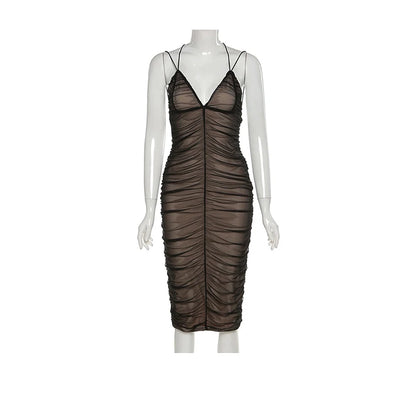 2025 Sexy Mesh Pleated Long Prom Dresses For Women's Clothing Solid Color Beach Party Wear Midi Wrap Dress Street Outfit