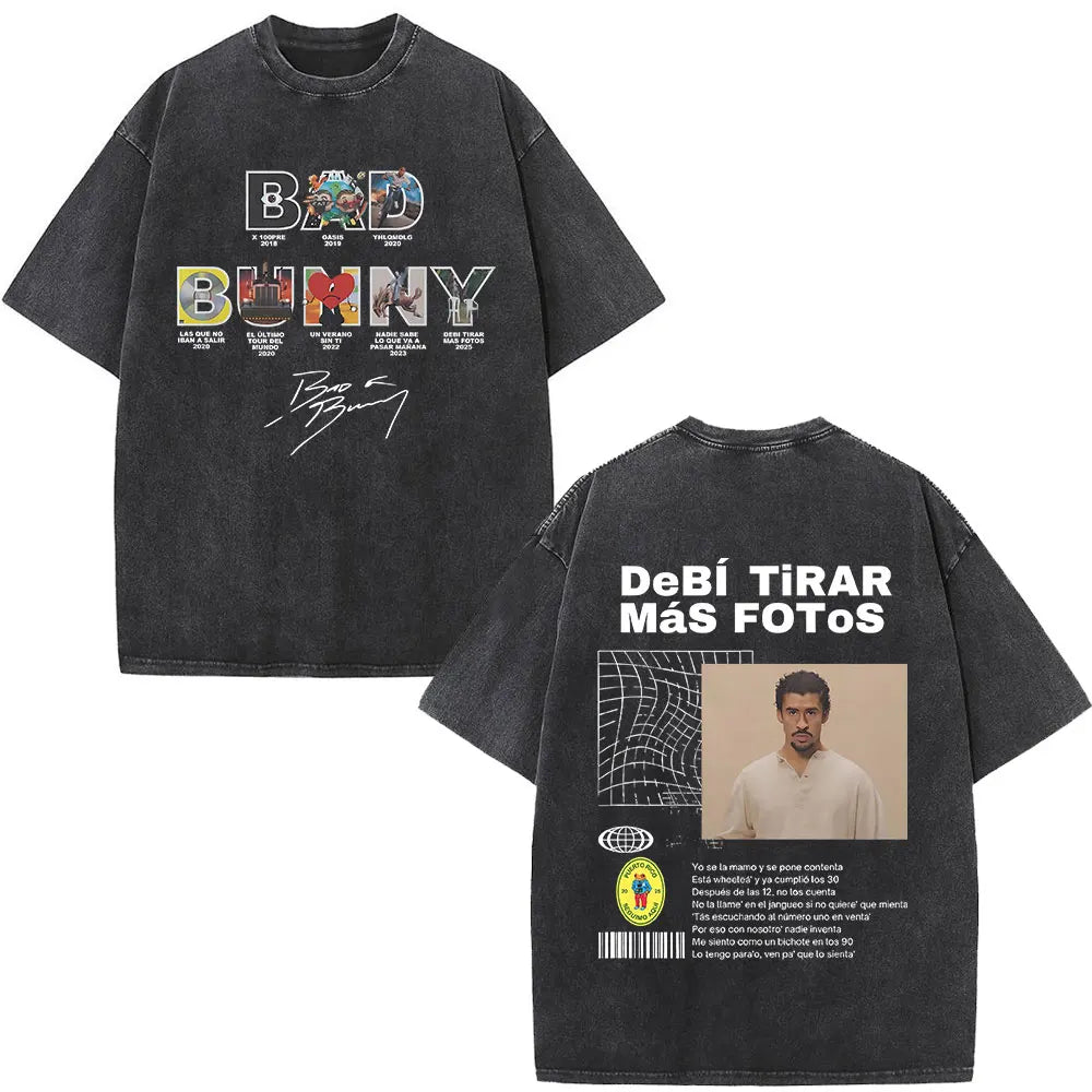 Washed Vintage Rapper Bad Bunny T-shirt Debi Tirar Mas Fotos DTMF Album 2025 T Shirts Men Women Hip Hop Oversized T-shirts Tops