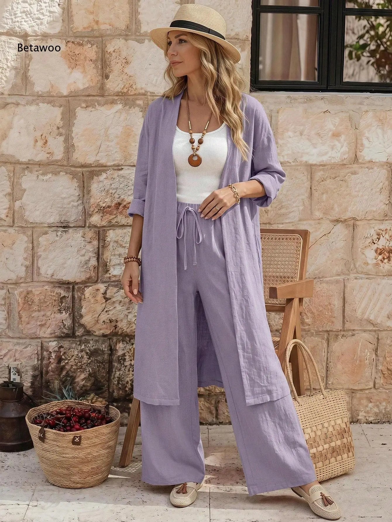 Women Two Piece Outfit Long Open Front Cardigan and Elastic Waist Wide Leg Pants Set Loose Casual Suit for Vacation Daily Wear