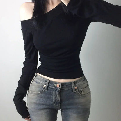 Y2K Vintage Pleated Button T-Shirt for Women, Sexy Skew Collar Slim Fit Top, Harajuku Streetwear