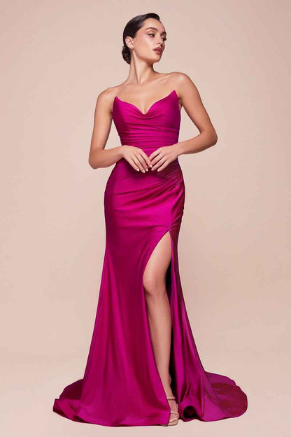 Black strapless stretch satin bridesmaid gown by CIND, fitted and elegant with a sleek, smooth design for formal occasions.