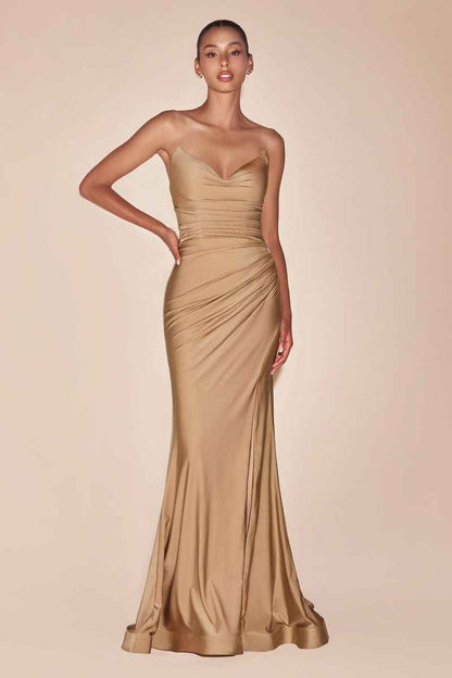Black strapless satin bridesmaid gown by CIND featuring a fitted, stretch design, perfect for formal occasions.