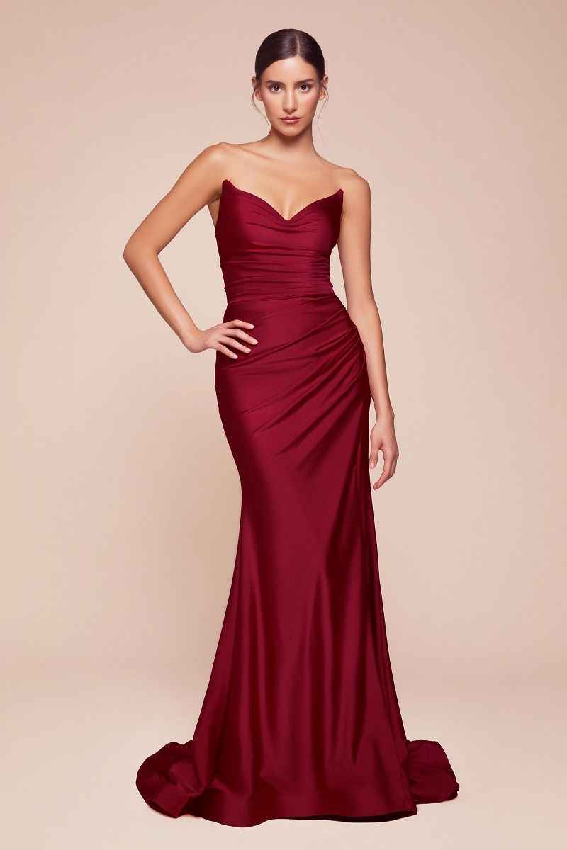 Black strapless satin bridesmaid gown by CIND, fitted and stretch for elegant formal wear.