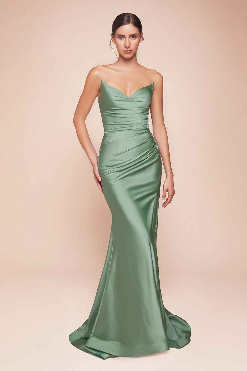 Black CIND bridesmaid strapless stretch satin fitted gown with a sleek, elegant silhouette and smooth fabric.