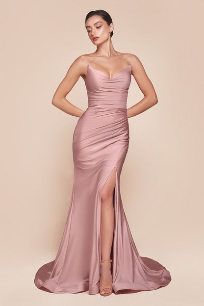 Black strapless satin bridesmaid gown by CIND, fitted style with stretch fabric, shown on a model.